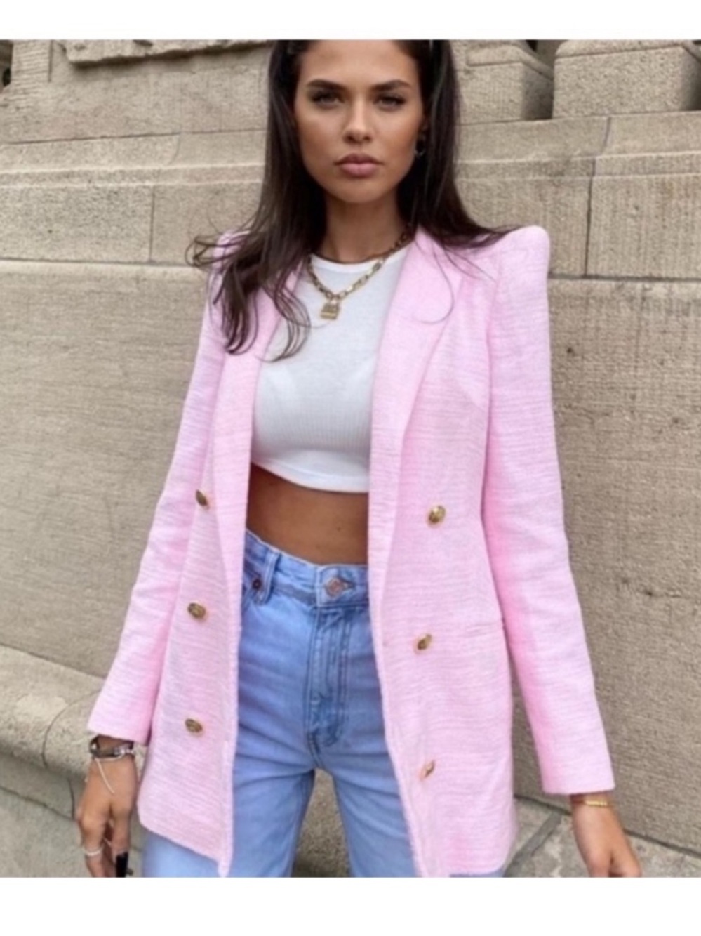 Zara pink tweed tailored Double-Breasted Textured Blazer